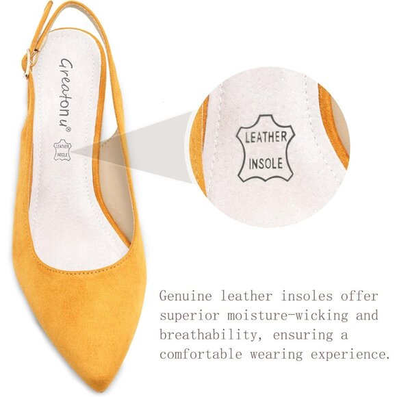 Women’s Yellow Suede Closed Pointed Toe Kitten Heels Slingback Pumps Shoes - Picture 2 of 6